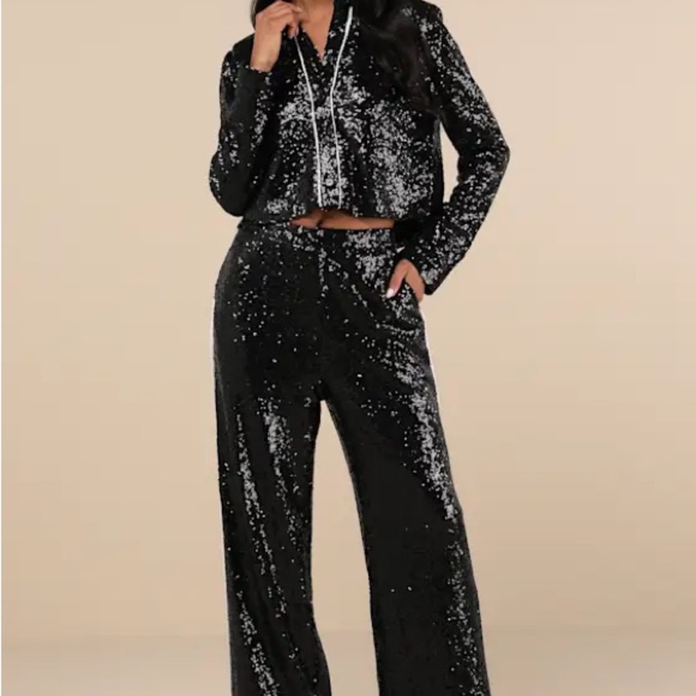 Lulu's Shimmering Black Sequin Wide Leg Jumpsuit